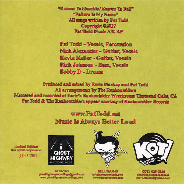 Pat Todd & The Rankoutsiders : Known Ta Stumble/Known Ta Fall (7",45 RPM,Limited Edition,Numbered)